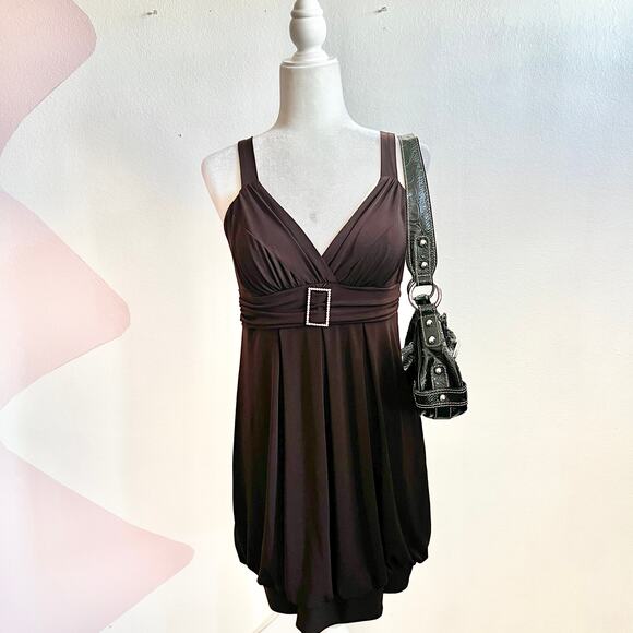 Y2K Brown Babydoll Mini Dress Sz Small 2000s Vintage Retro 90s Homecoming - Picture 1 of 7